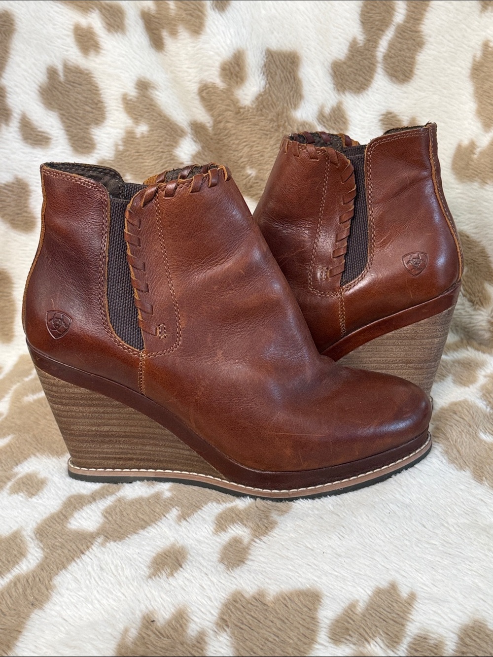 Ariat Brown Leather Wedge Ankle Boots with Braided Trim
